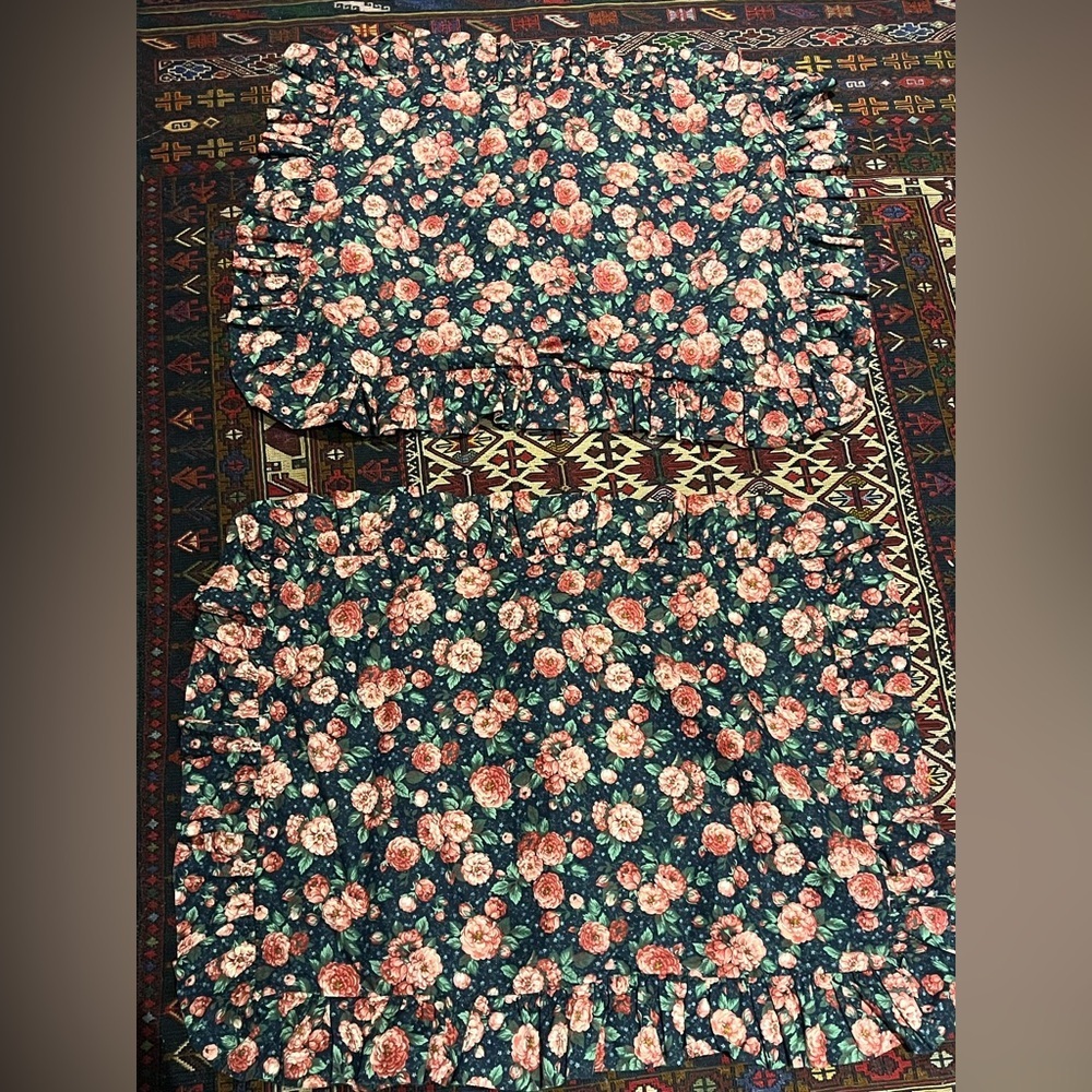 Vintage Pair of Floral Rose Print Cotton Pillowcases with Ruffle Edges